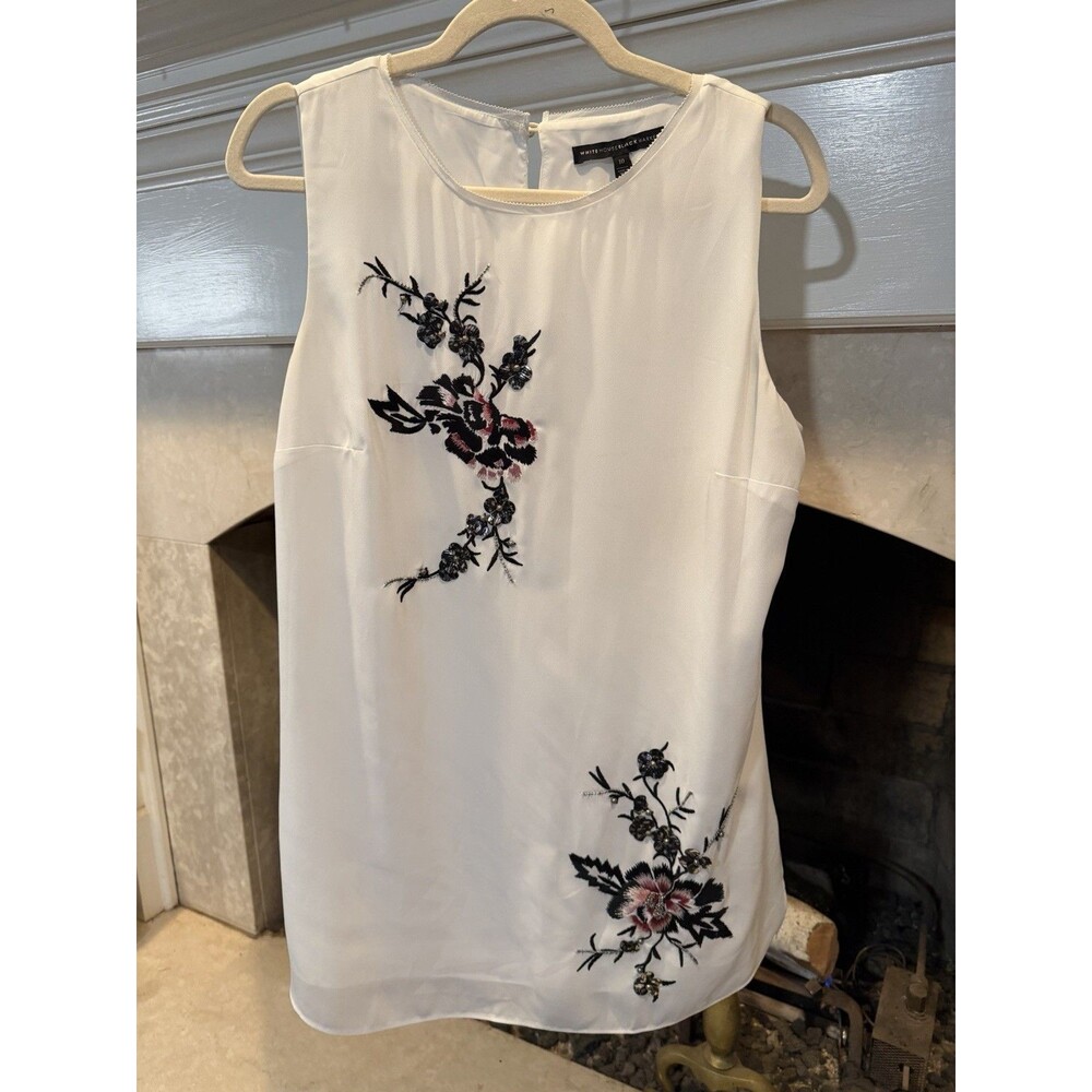 WHBM Women White Floral Embroidered Sequin Beaded Lined Tunic Top Size 4